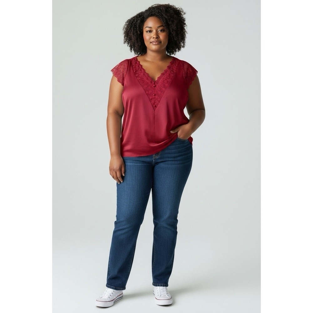SHEIN Frenchy Women's Red Lace V Neck Blouse Top Plus Size Polyester